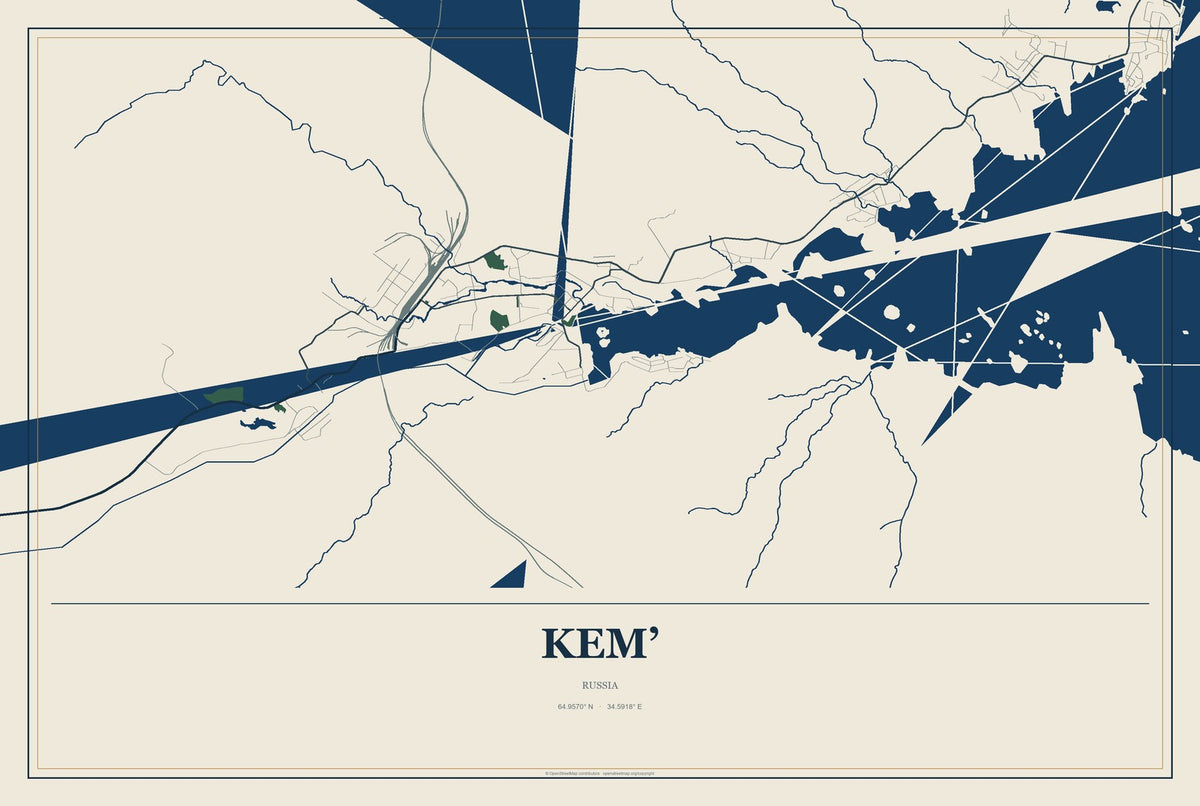 Kem’, Russia City Map Aluminum Sign in Coastal Cutout style