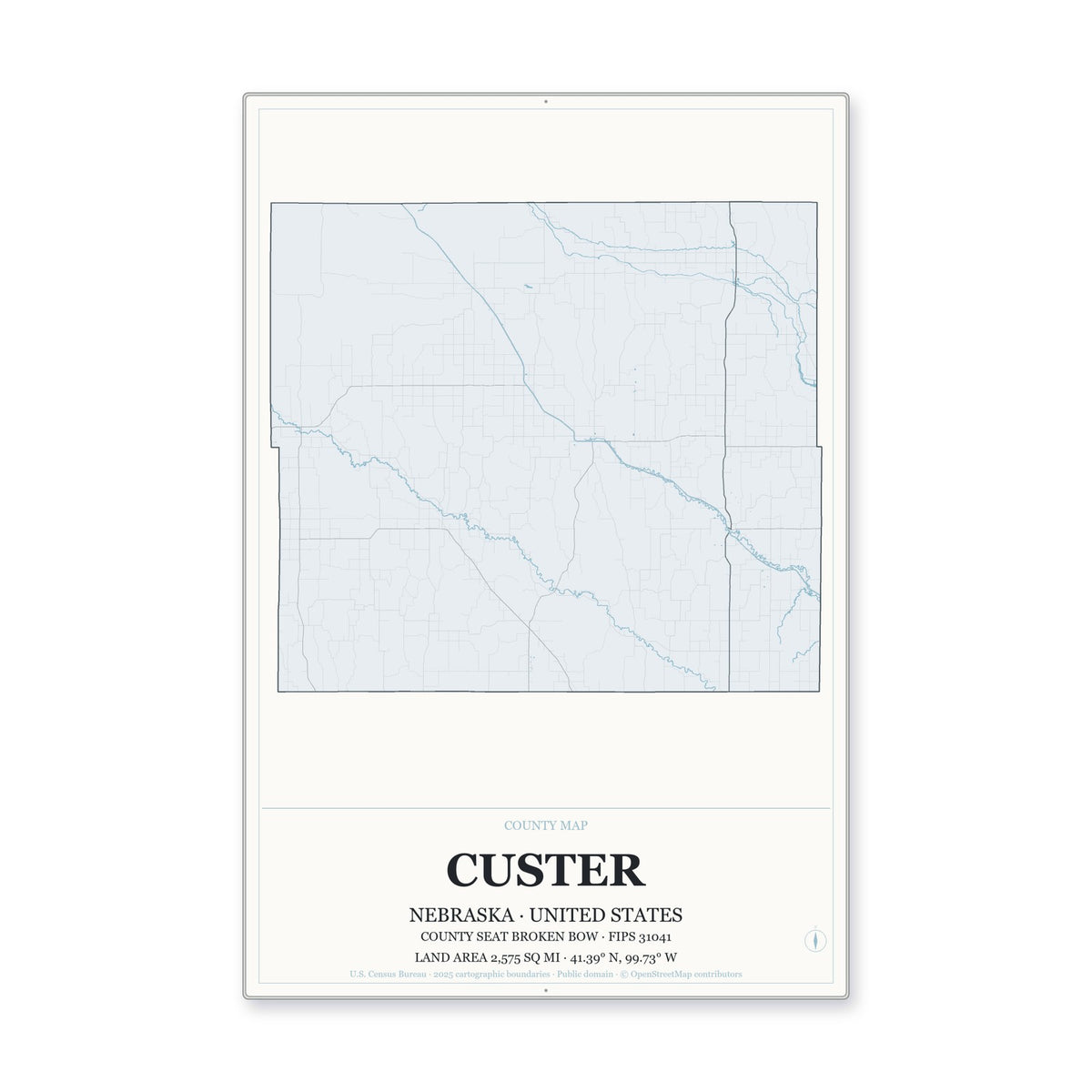 Custer County, Nebraska Map Aluminum Sign in Gallery Air style