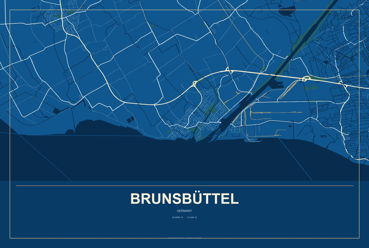 Brunsbüttel, Germany City Map Aluminum Sign in Harbor Cobalt style