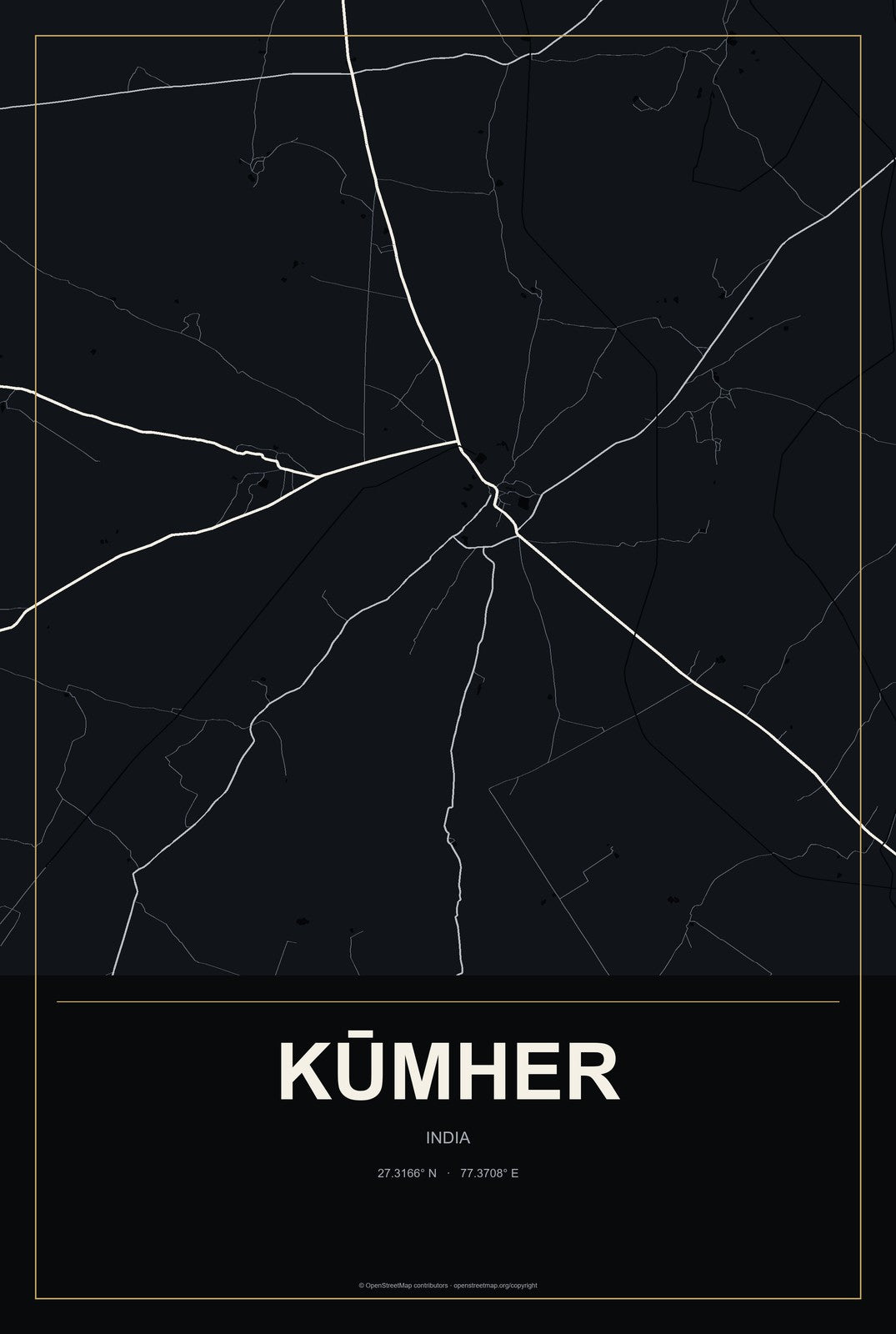 Kūmher, India City Map Aluminum Sign in Metropolitan Noir style