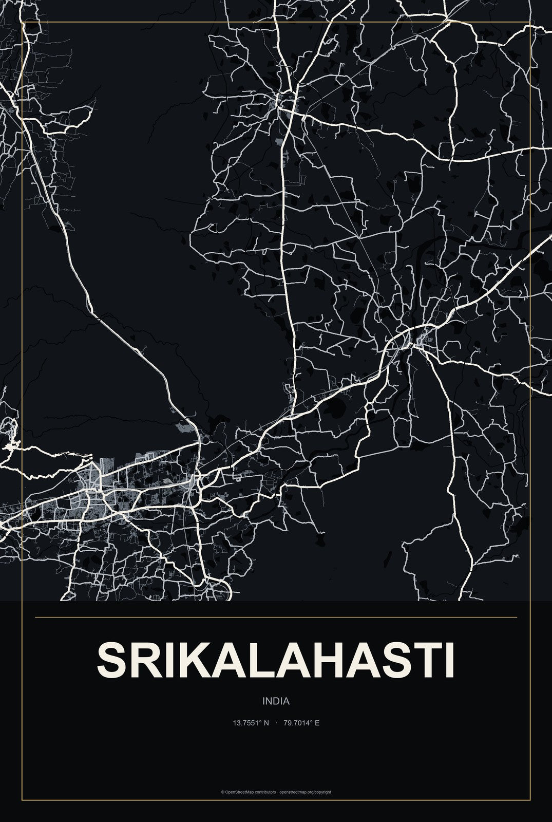 Srikalahasti, India City Map Aluminum Sign in Metropolitan Noir style