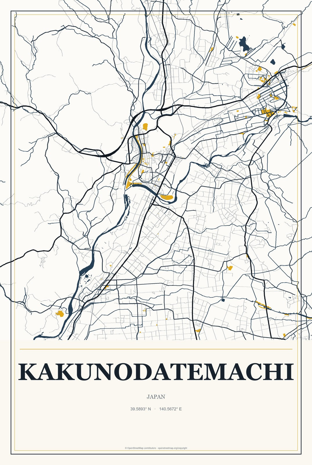 Kakunodatemachi, Japan City Map Aluminum Sign in Citrine Modern style