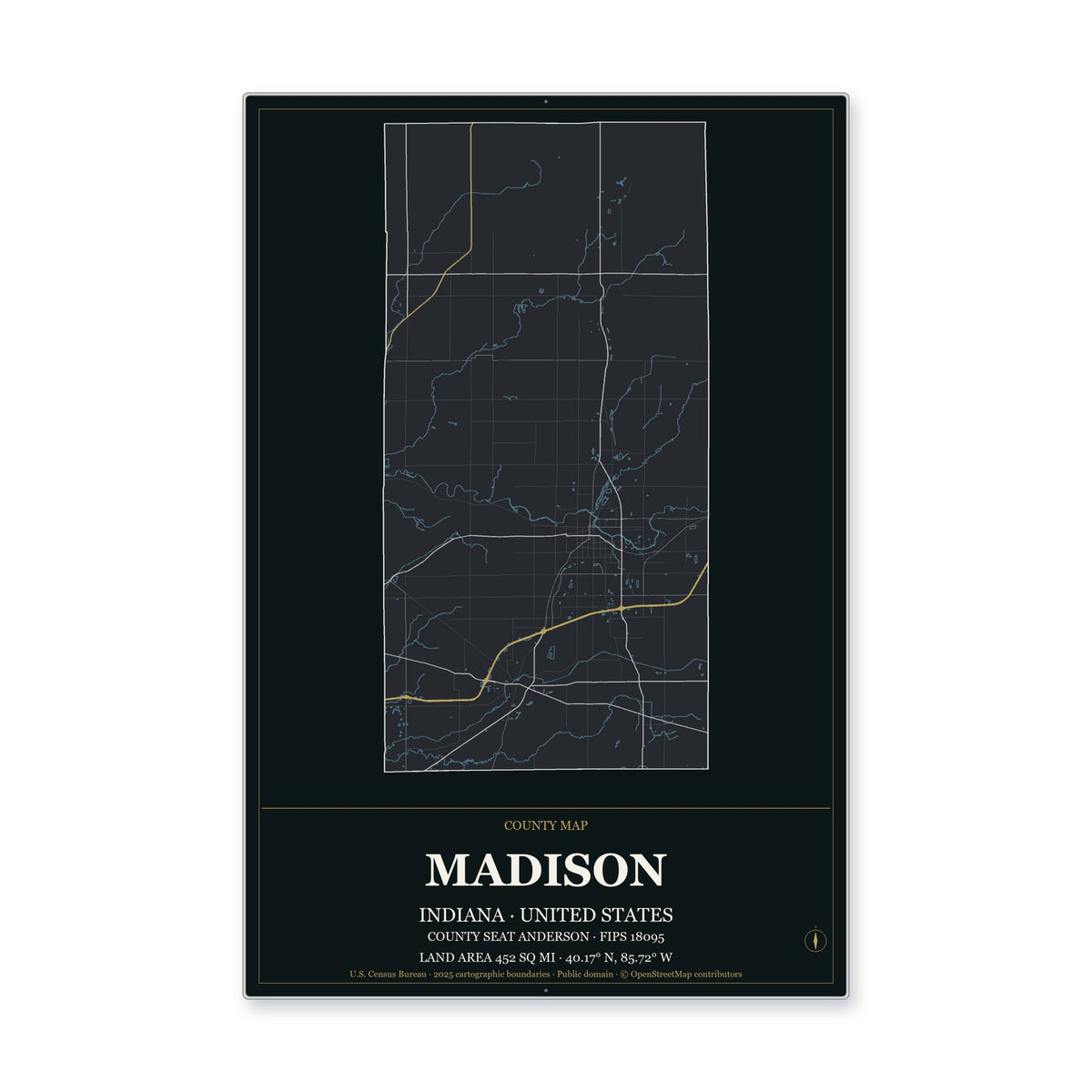 Madison County, Indiana Map Aluminum Sign in Metropolitan Noir style