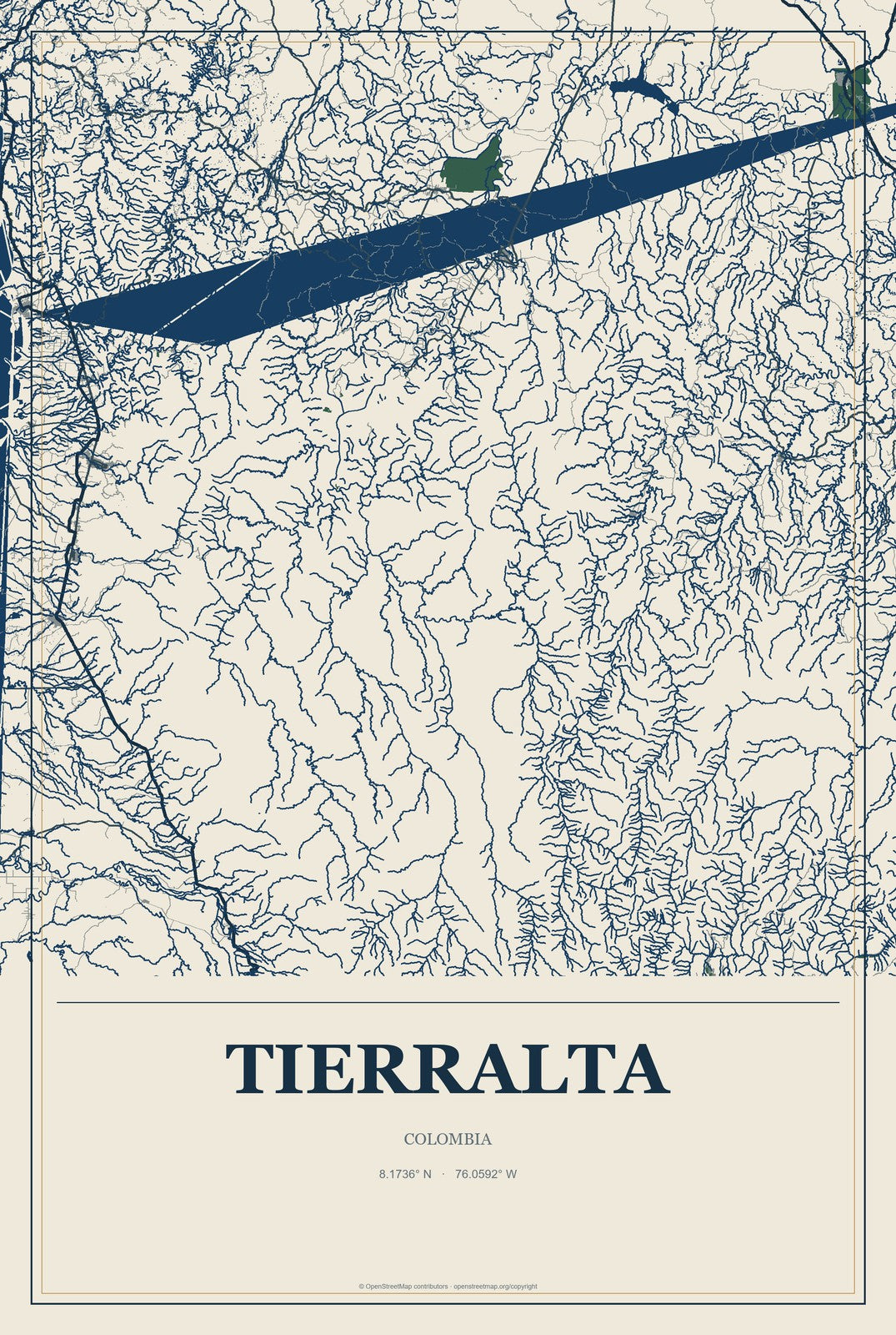 Tierralta, Colombia City Map Aluminum Sign in Coastal Cutout style
