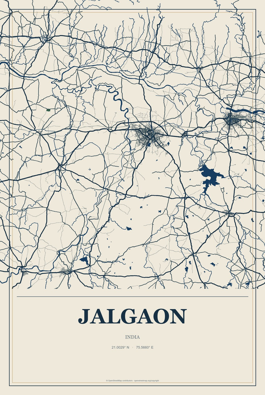 Jalgaon, India City Map Aluminum Sign in Coastal Cutout style