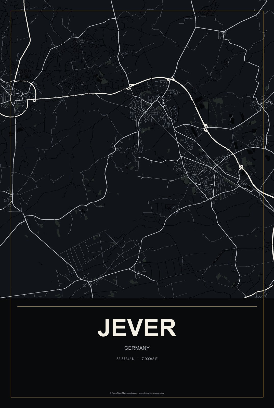Jever, Germany City Map Aluminum Sign in Metropolitan Noir style
