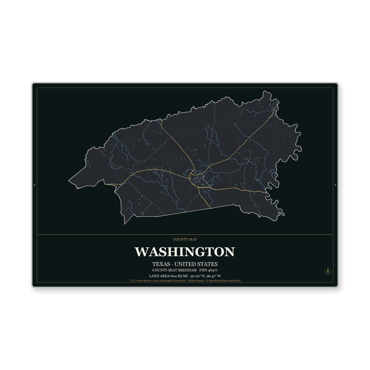 Washington County, Texas Map Aluminum Sign in Metropolitan Noir style