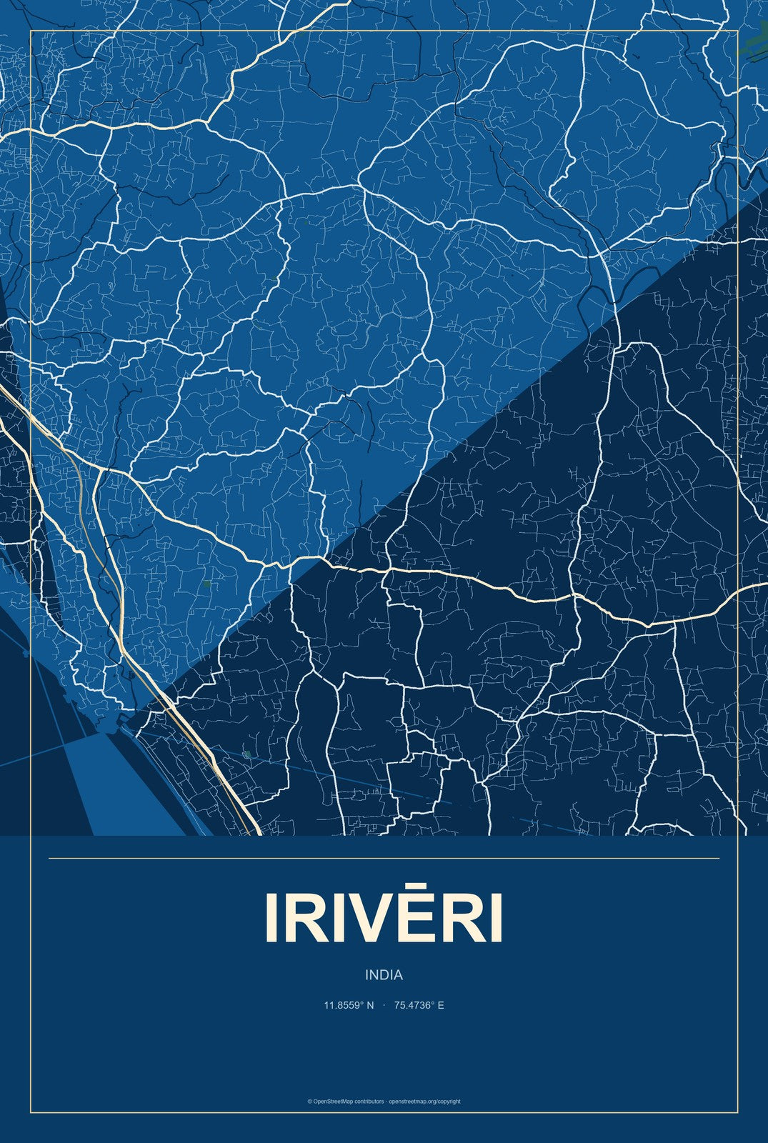 Irivēri, India City Map Aluminum Sign in Harbor Cobalt style