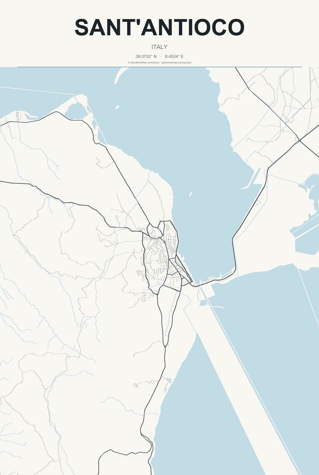 Sant'Antioco, Italy City Map Aluminum Sign in Headline Atlas style