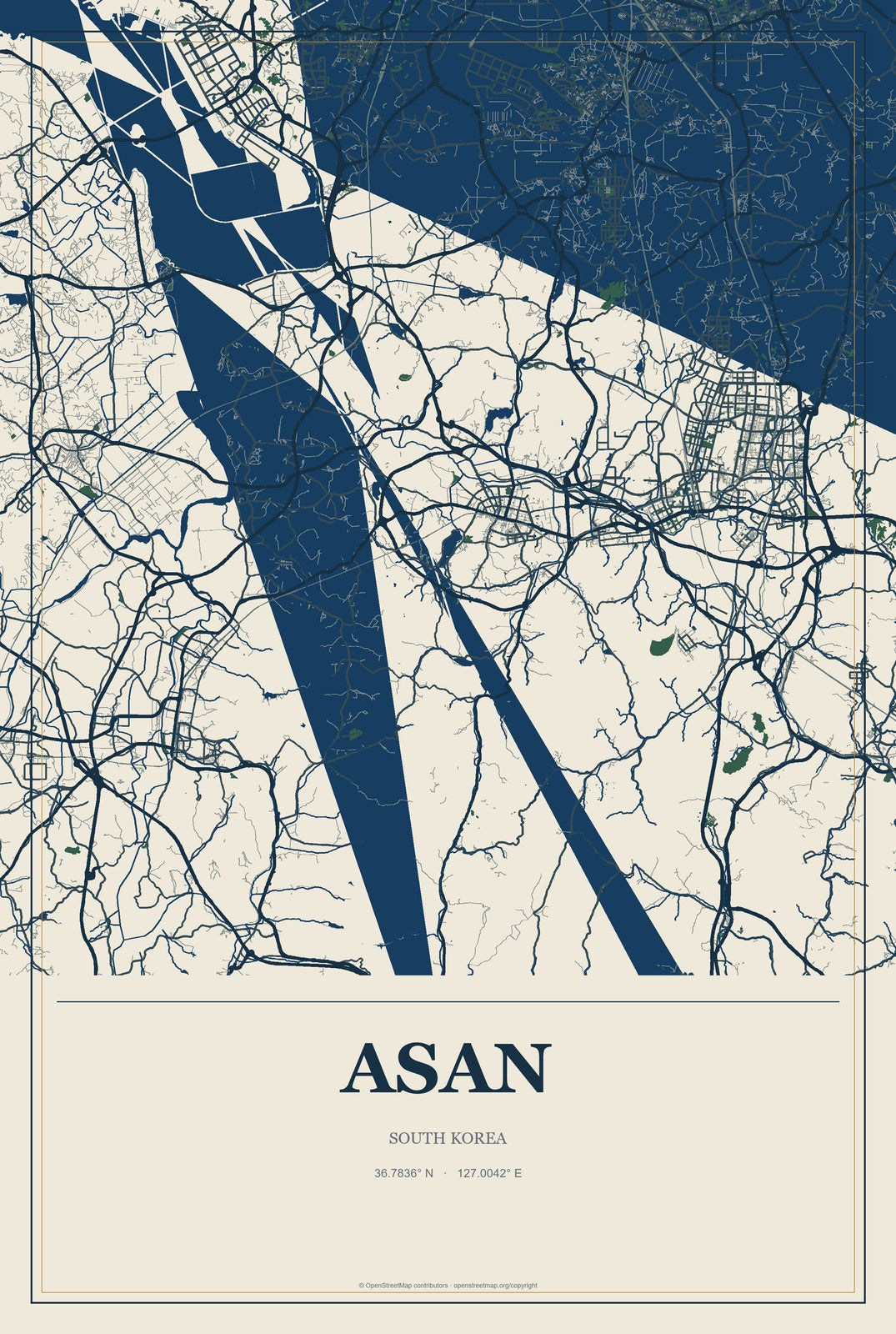 Asan, South Korea City Map Aluminum Sign in Coastal Cutout style