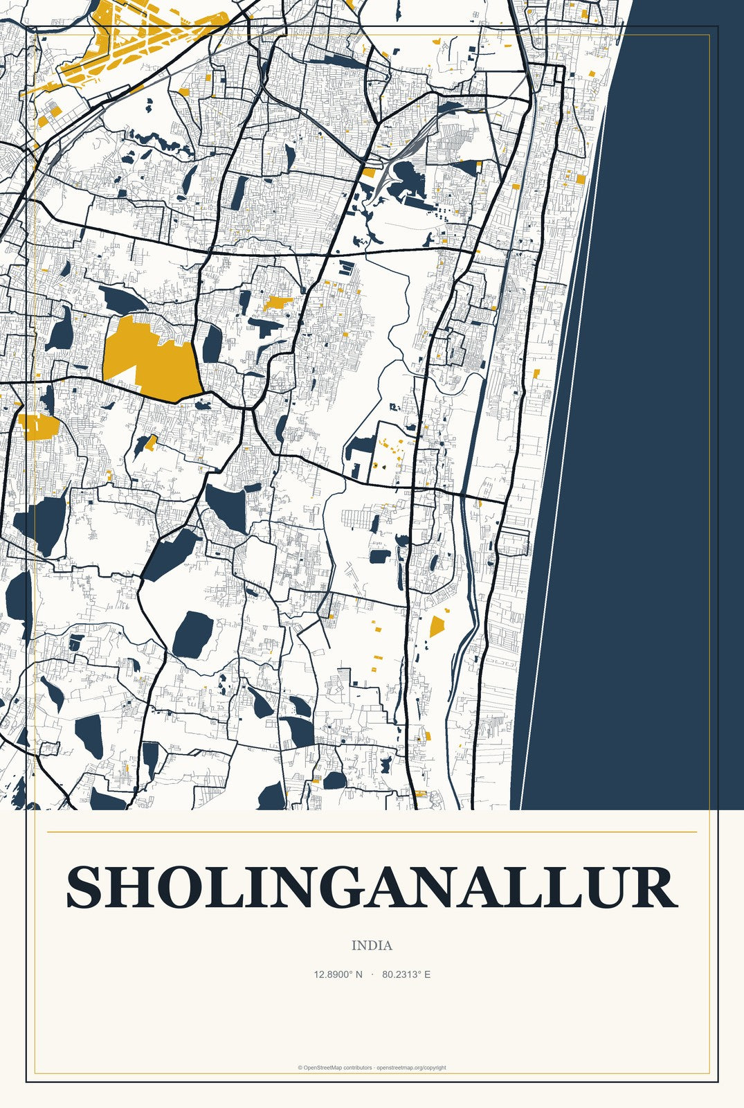 Sholinganallur, India City Map Aluminum Sign in Citrine Modern style
