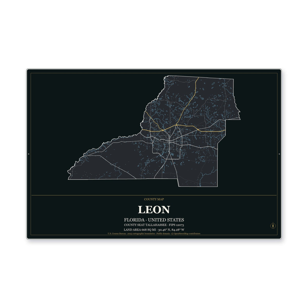 Leon County, Florida Map Aluminum Sign in Metropolitan Noir style