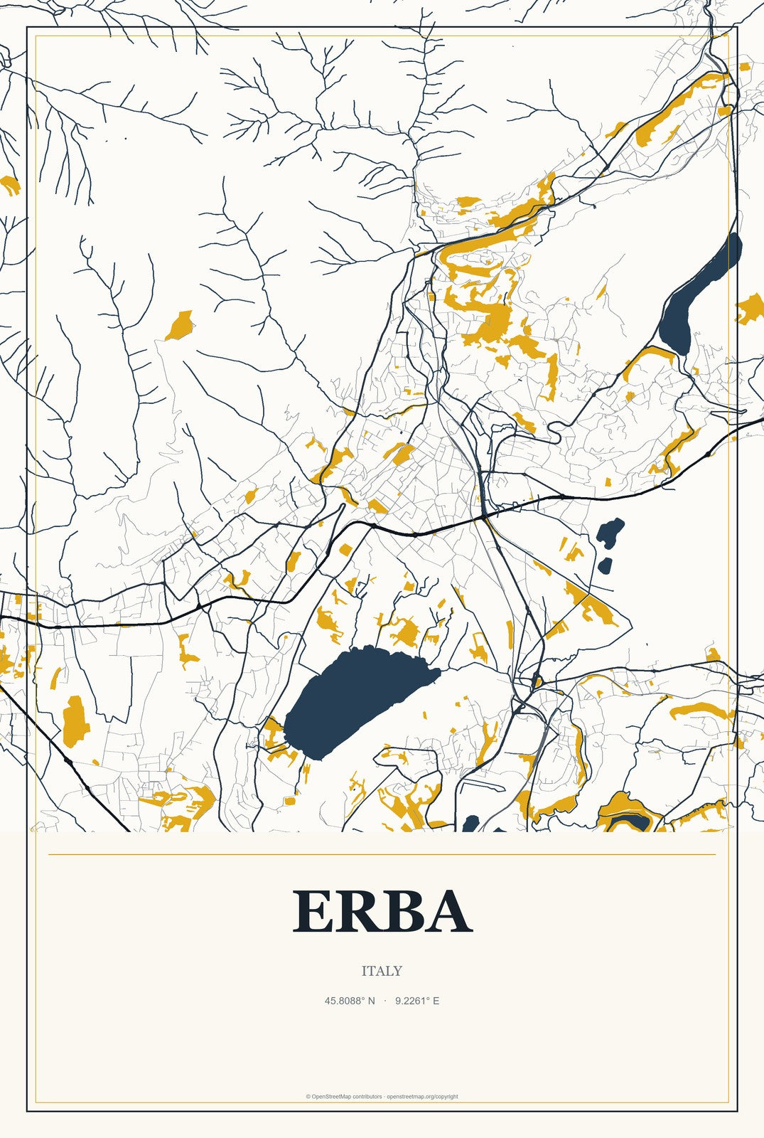 Erba, Italy City Map Aluminum Sign in Citrine Modern style