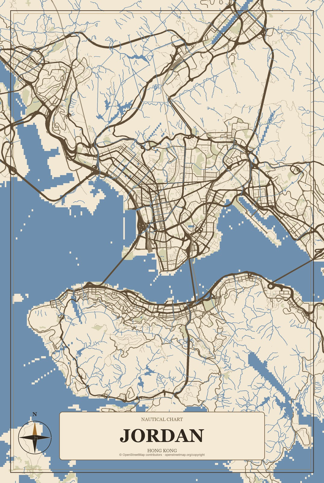 Jordan, Hong Kong City Map Aluminum Sign in Heritage Nautical style