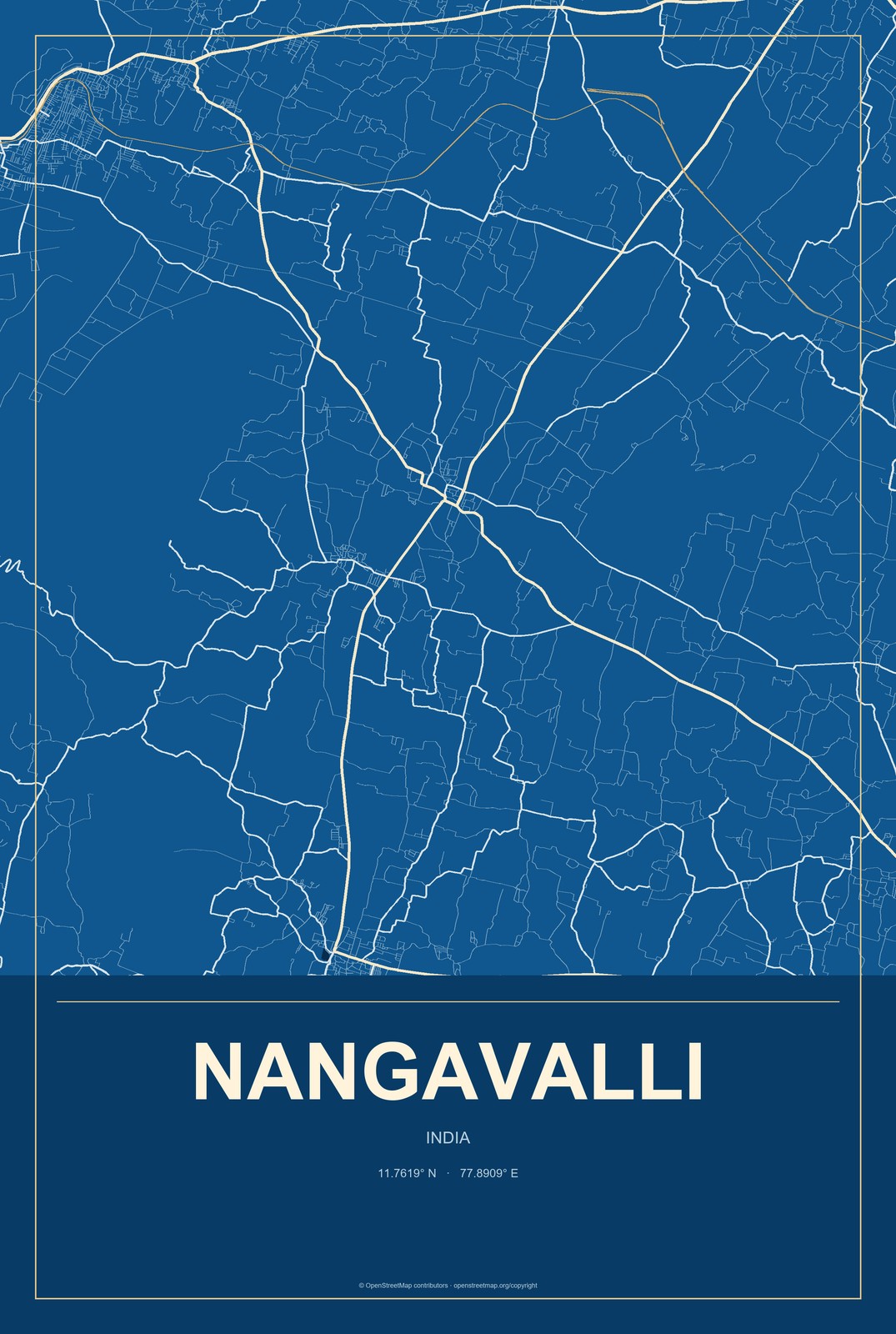 Nangavalli, India City Map Aluminum Sign in Harbor Cobalt style