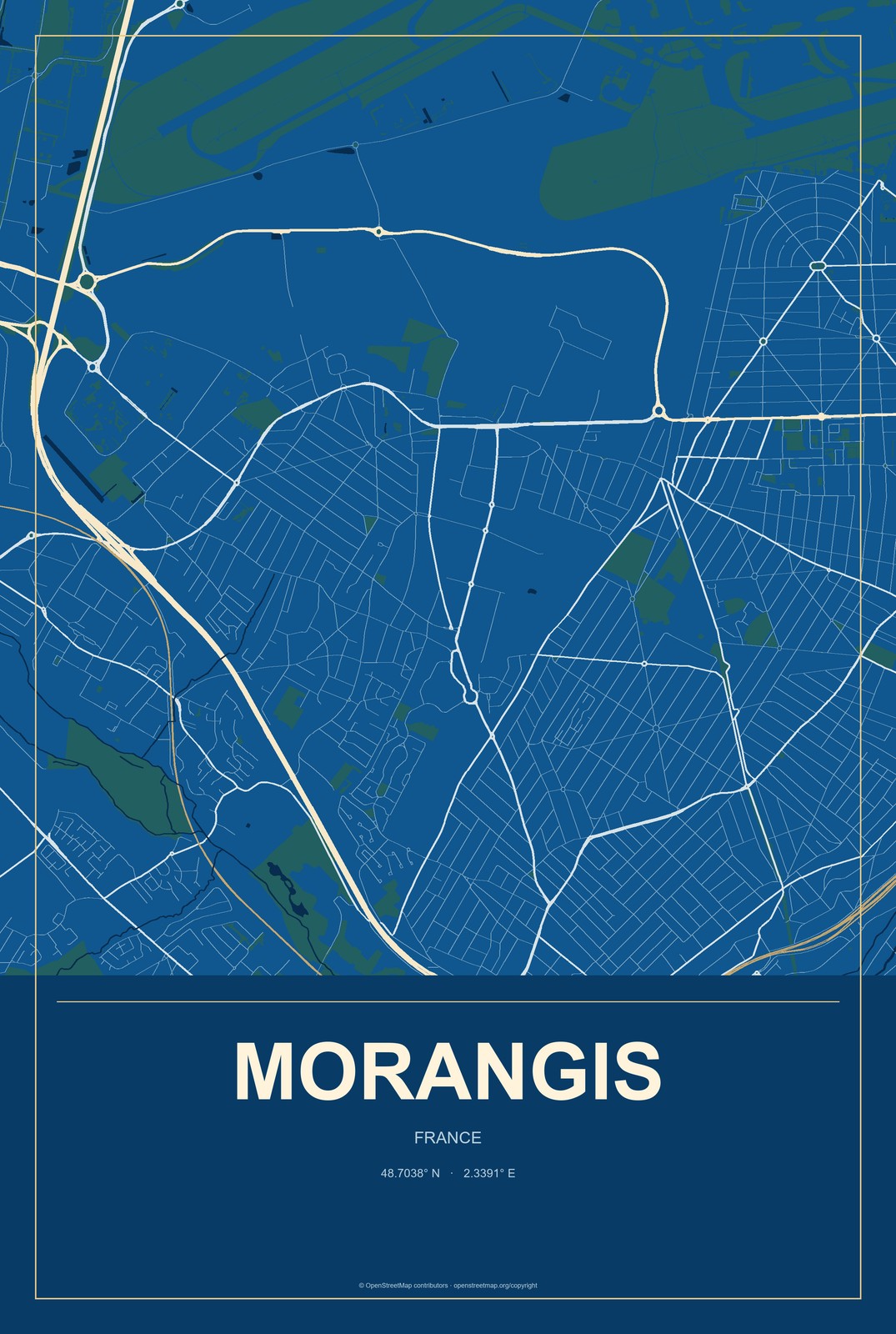 Morangis, France City Map Aluminum Sign in Harbor Cobalt style