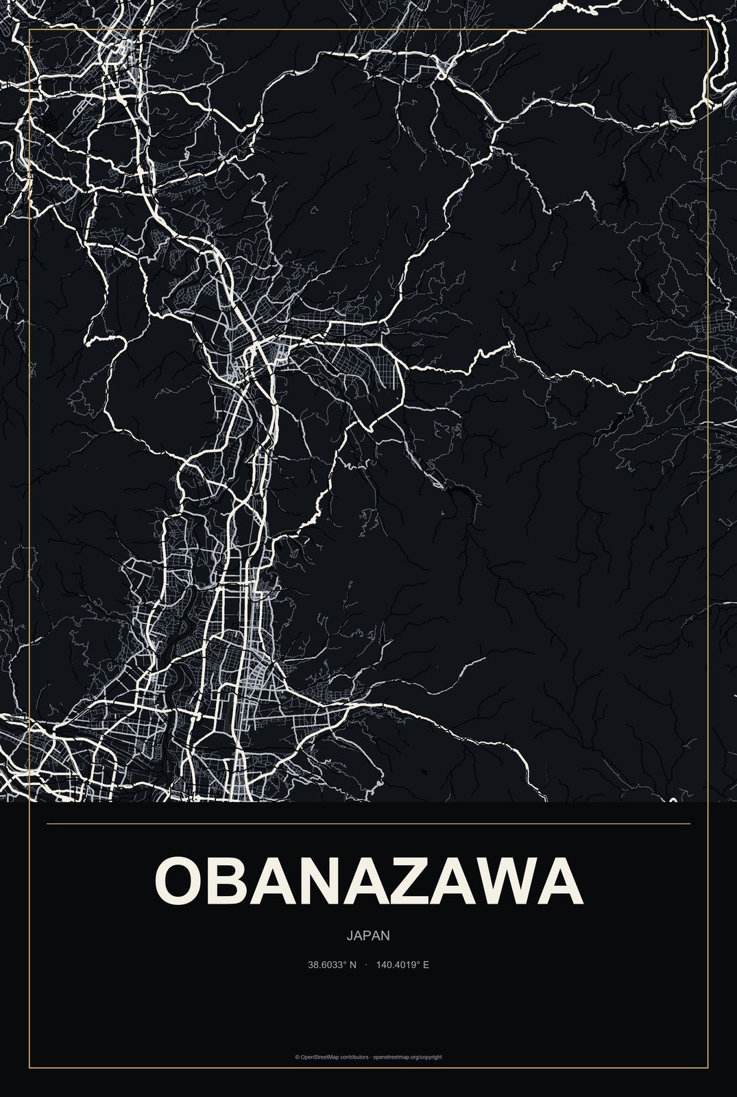 Obanazawa, Japan City Map Aluminum Sign in Metropolitan Noir style