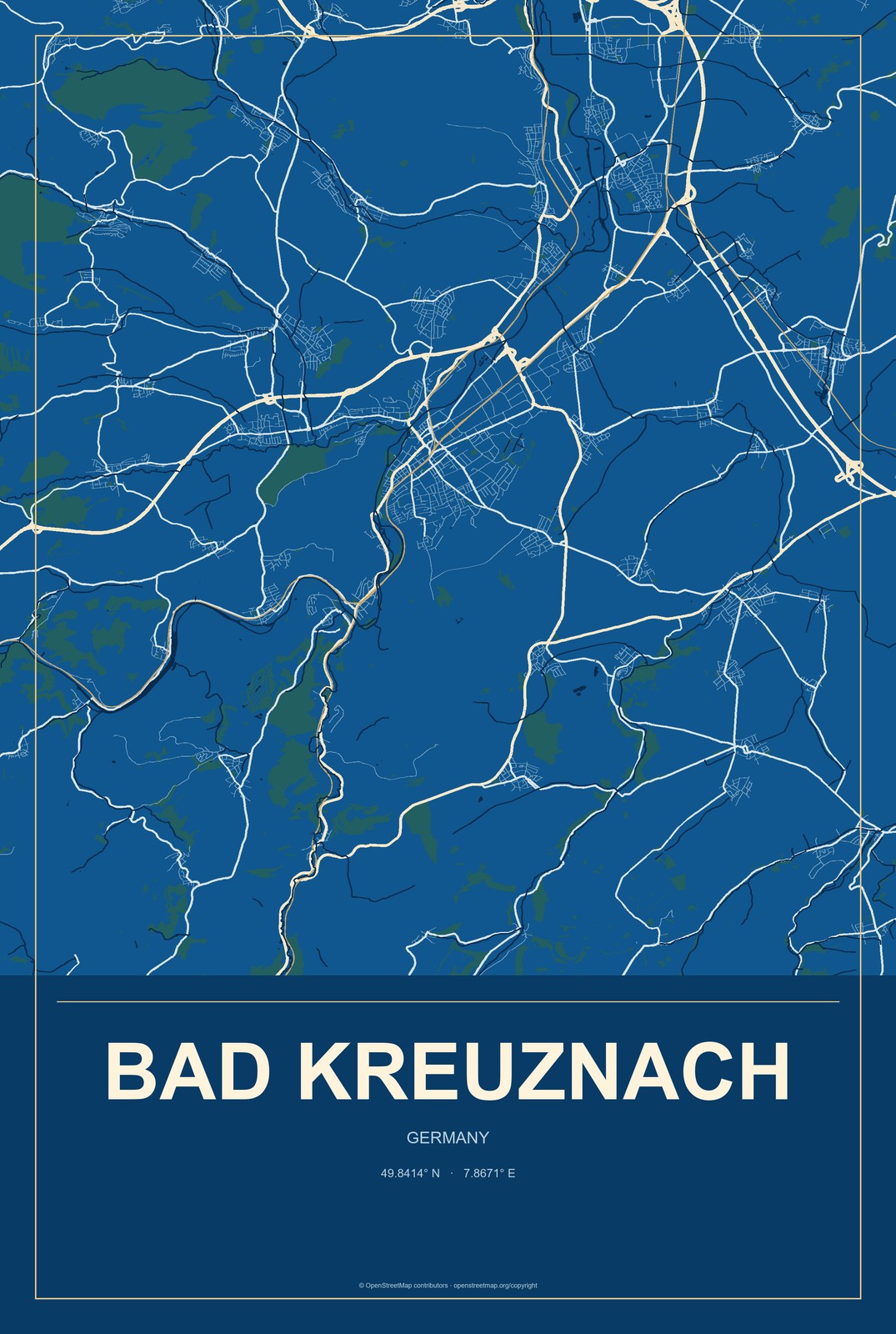 Bad Kreuznach, Germany City Map Aluminum Sign in Harbor Cobalt style