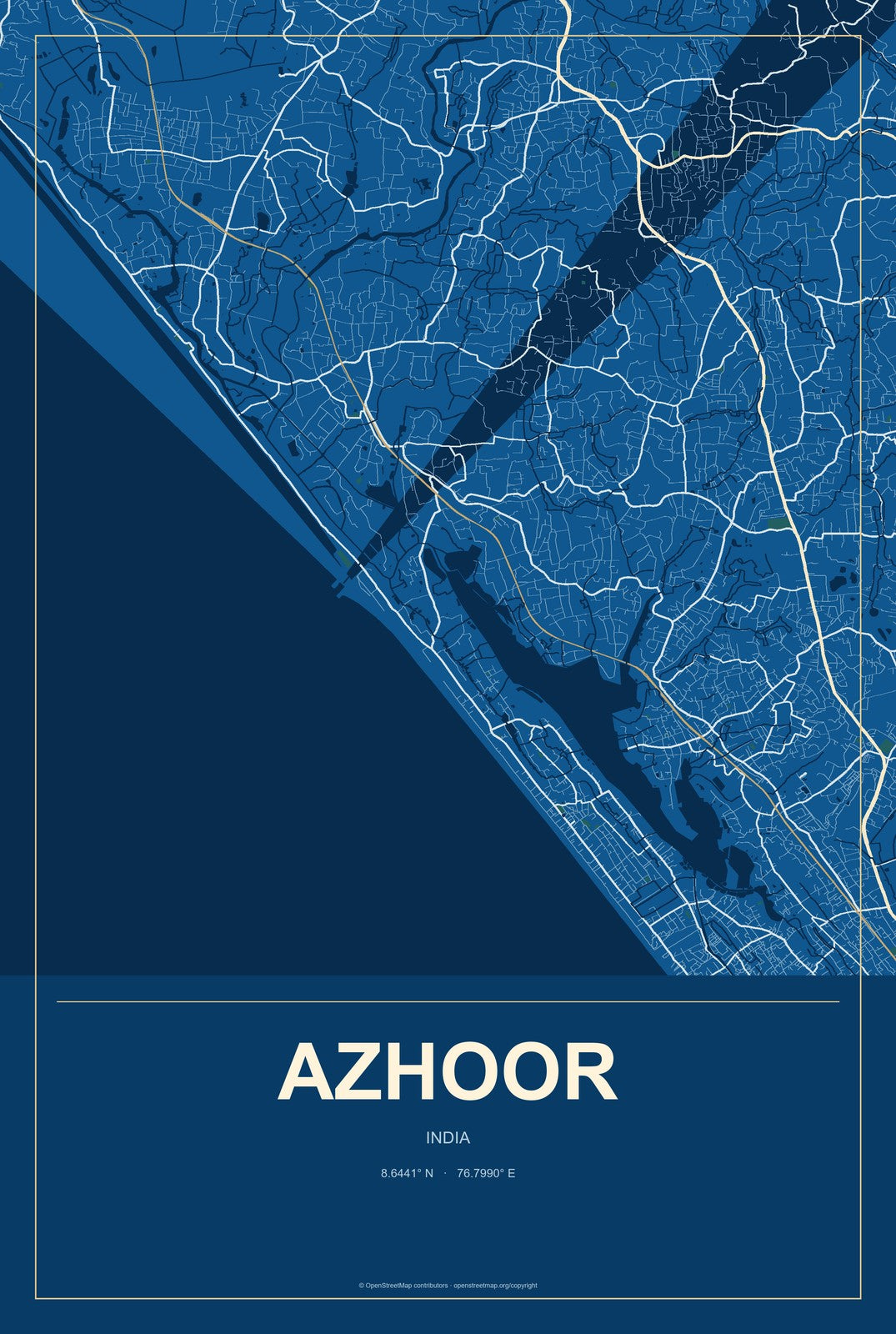 Azhoor, India City Map Aluminum Sign in Harbor Cobalt style