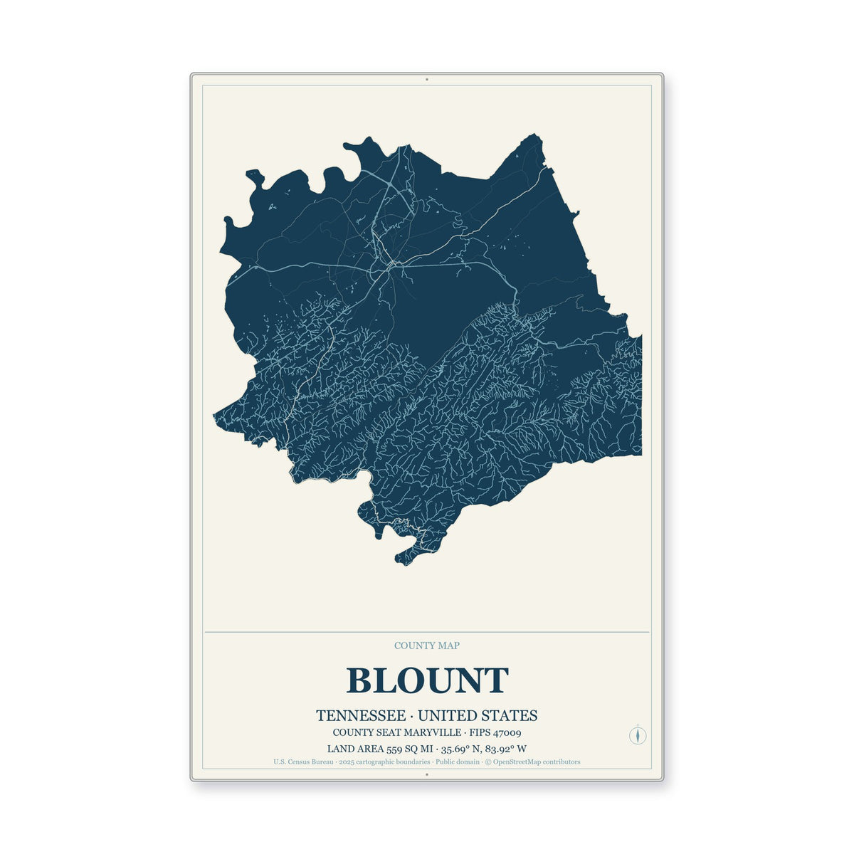 Blount County, Tennessee Map Aluminum Sign in Coastal Cutout style