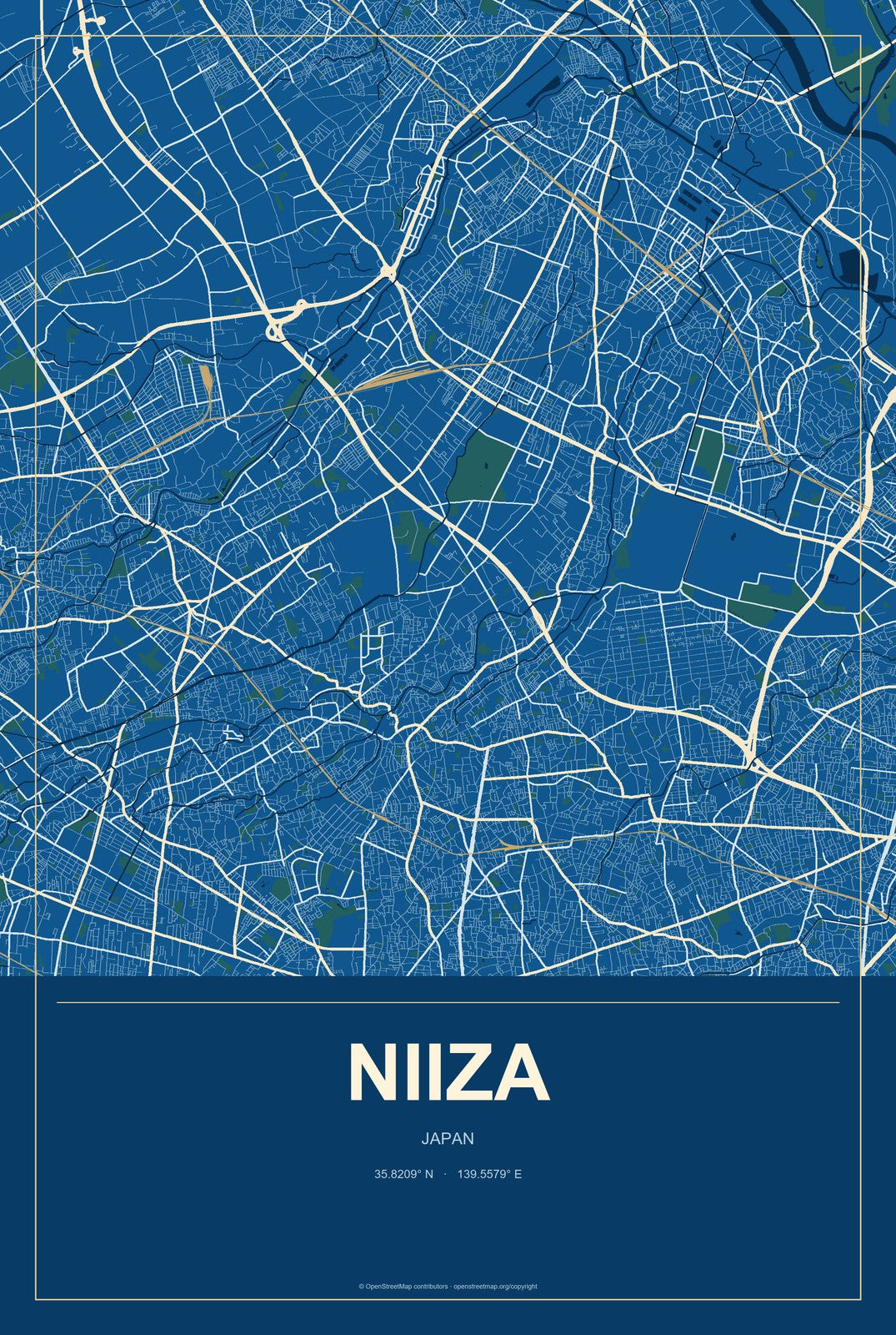 Niiza, Japan City Map Aluminum Sign in Harbor Cobalt style