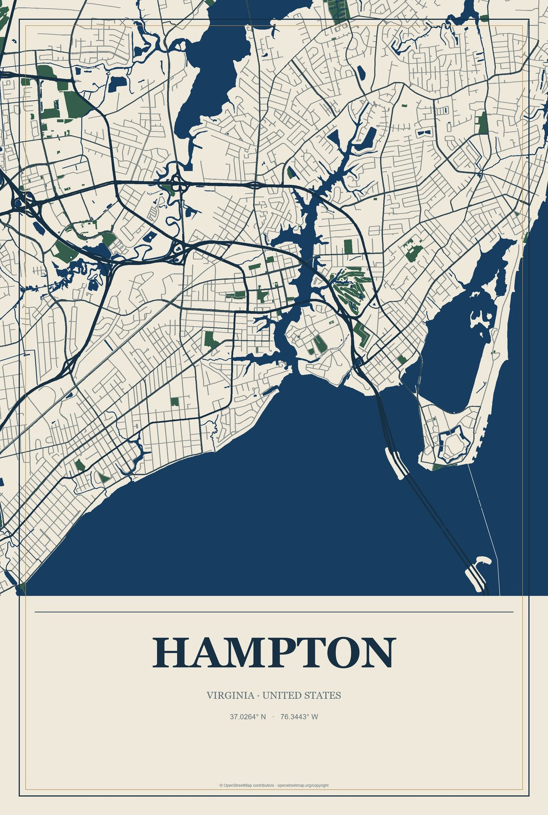 Hampton, Virginia City Map Aluminum Sign in Coastal Cutout style