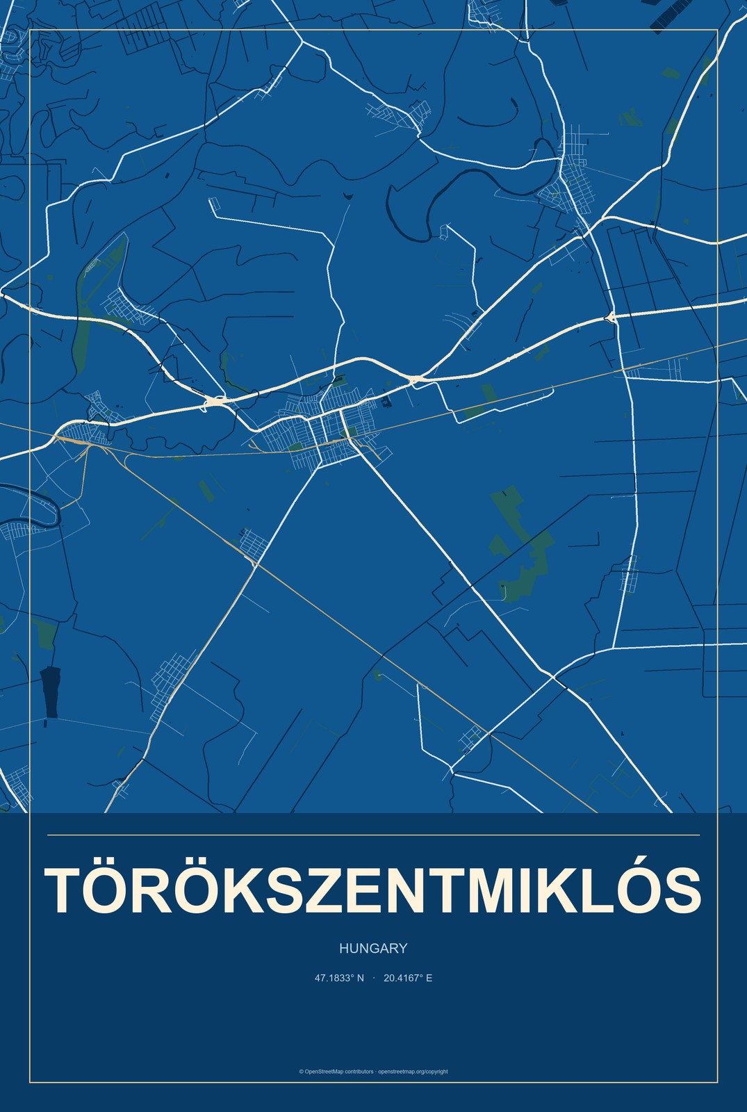 Törökszentmiklós, Hungary City Map Aluminum Sign in Harbor Cobalt style