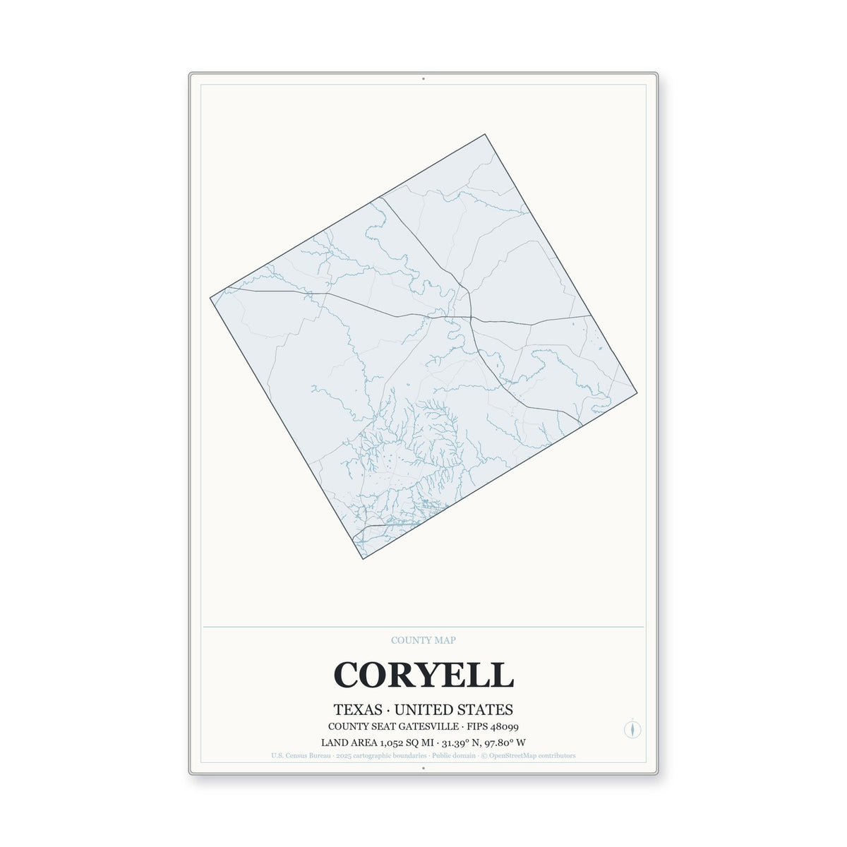 Coryell County, Texas Map Aluminum Sign in Gallery Air style