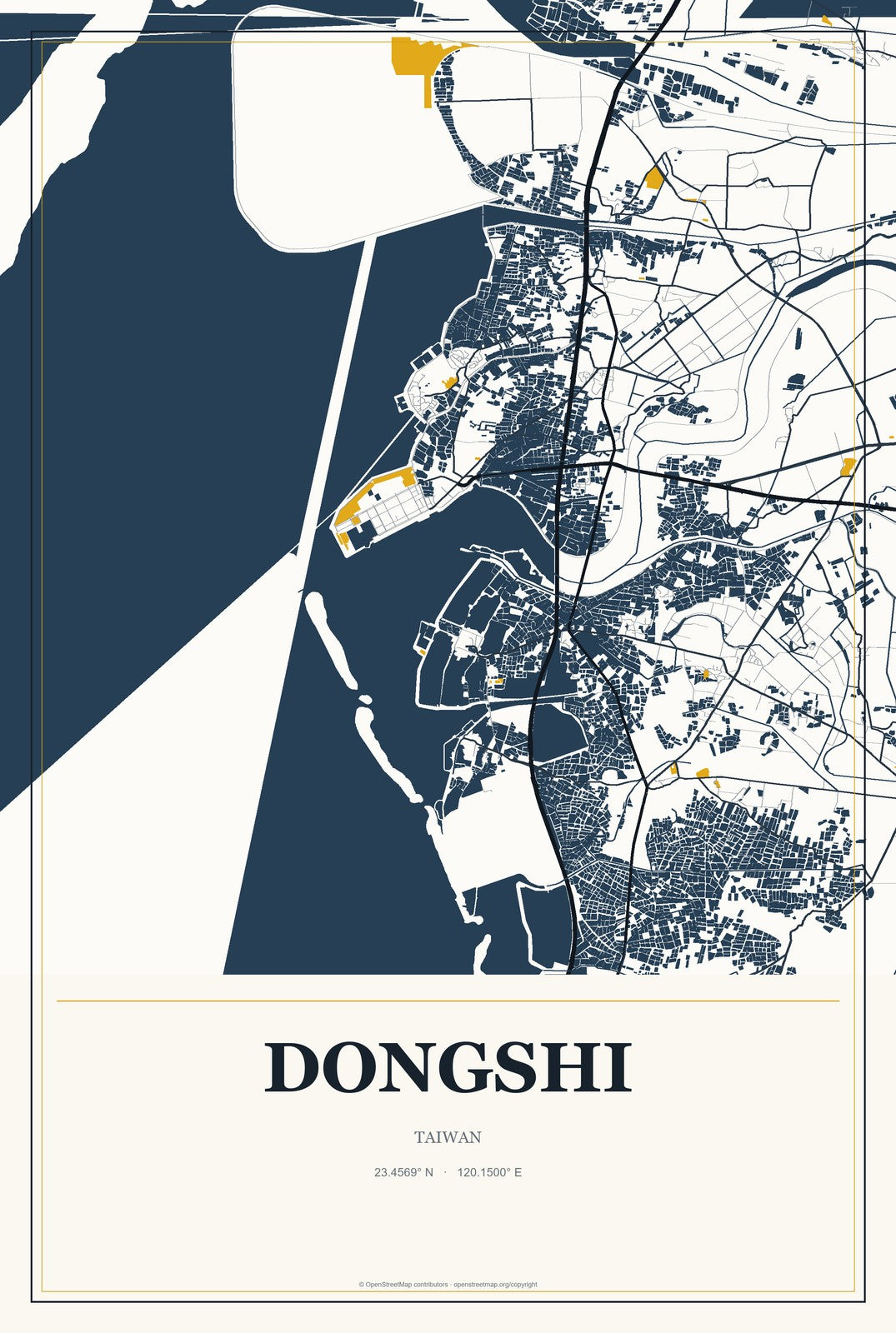 Dongshi, Taiwan City Map Aluminum Sign in Citrine Modern style