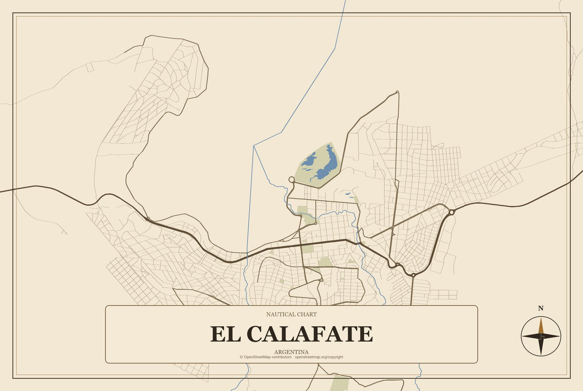 El Calafate, Argentina City Map Aluminum Sign in Heritage Nautical style