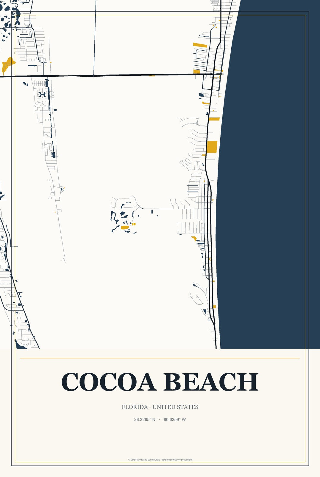 Cocoa Beach, Florida City Map Aluminum Sign in Citrine Modern style