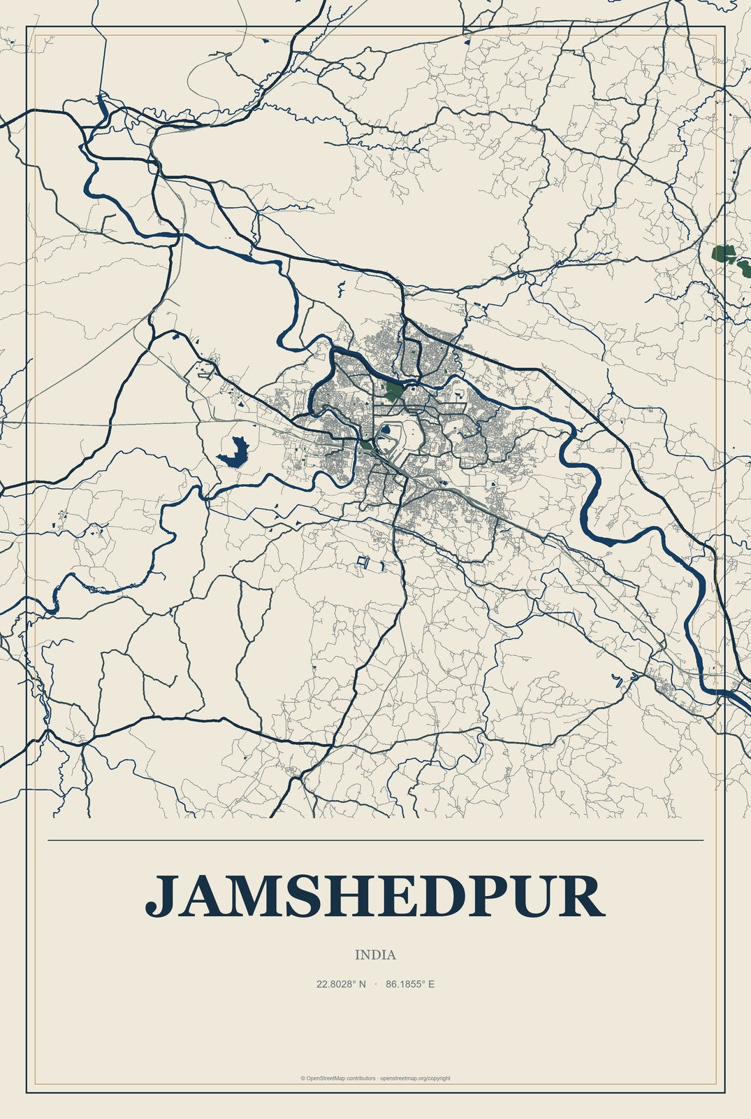 Jamshedpur, India City Map Aluminum Sign in Coastal Cutout style