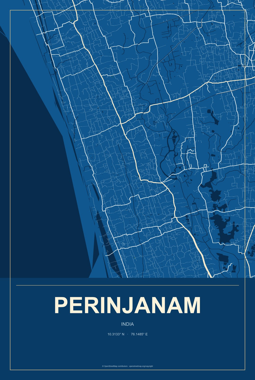 Perinjanam, India City Map Aluminum Sign in Harbor Cobalt style