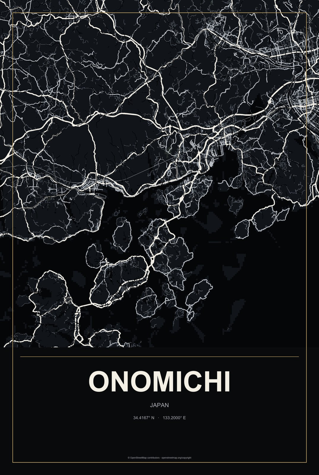 Onomichi, Japan City Map Aluminum Sign in Metropolitan Noir style