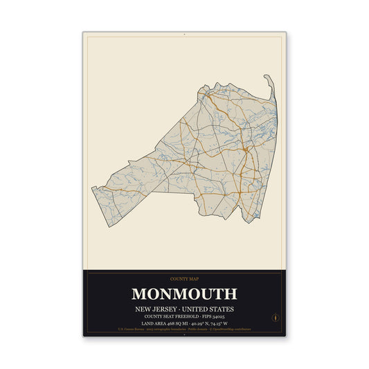 Monmouth County, New Jersey Map Aluminum Sign in Museum Plaque style