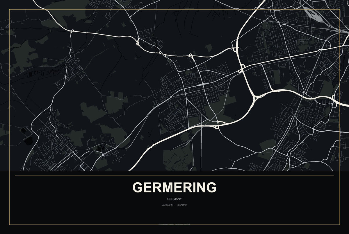 Germering, Germany City Map Aluminum Sign in Metropolitan Noir style