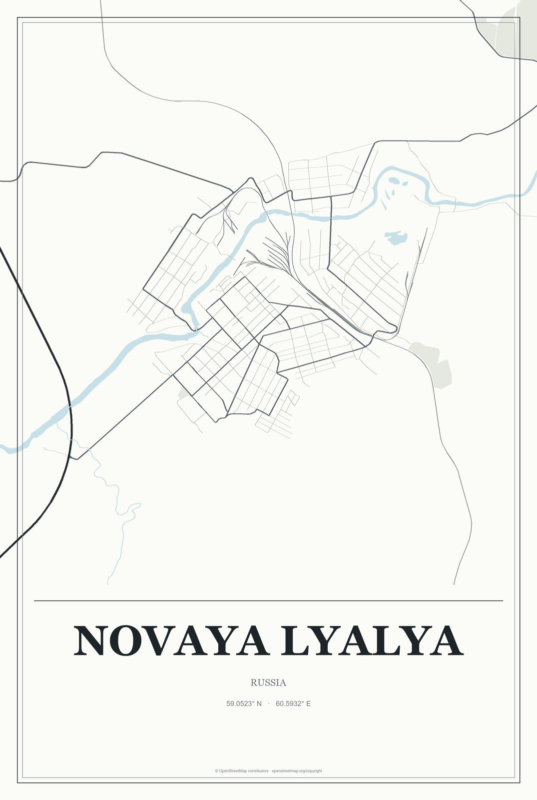 Novaya Lyalya, Russia City Map Aluminum Sign in Gallery Air style