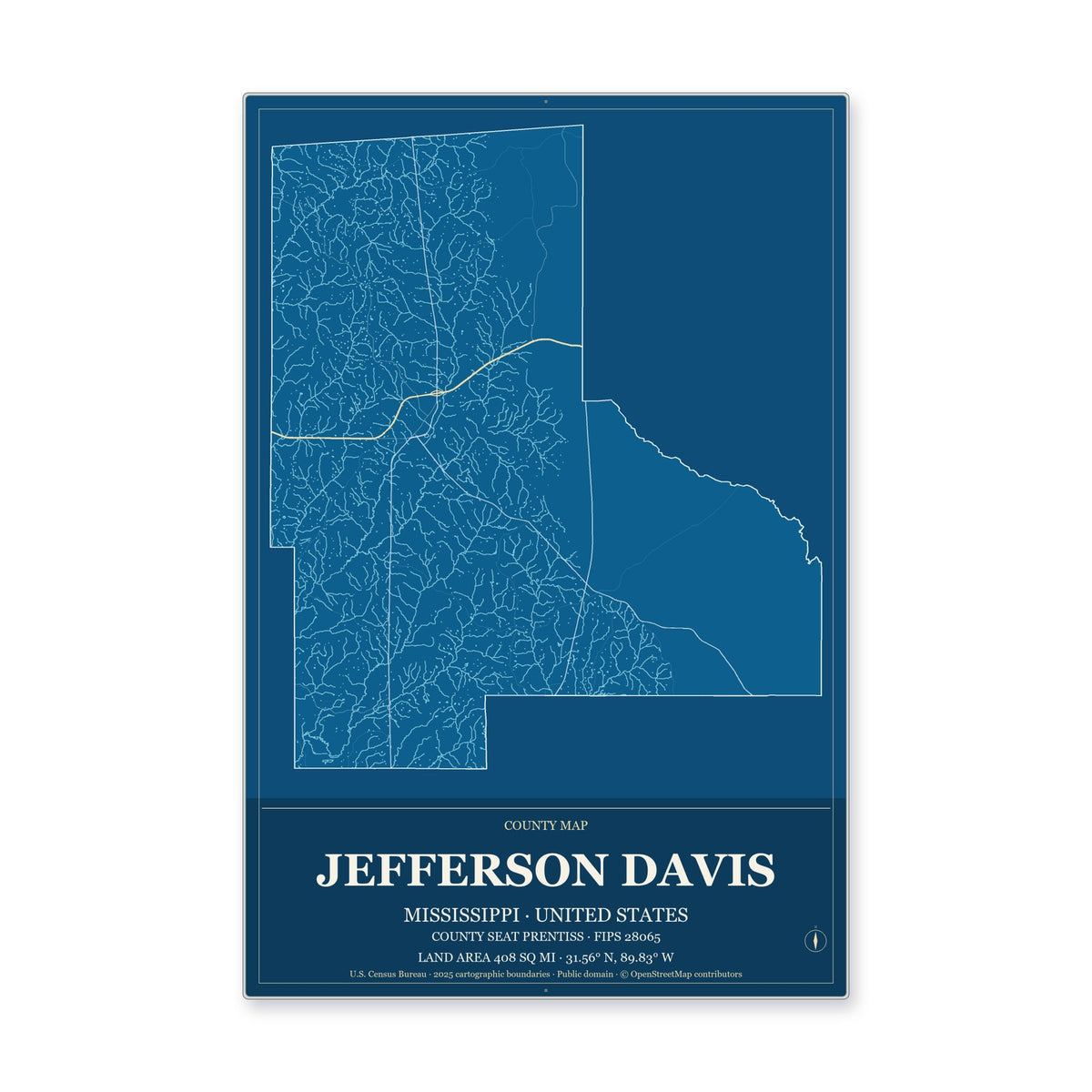 Jefferson Davis County, Mississippi Map Aluminum Sign in Harbor Cobalt style