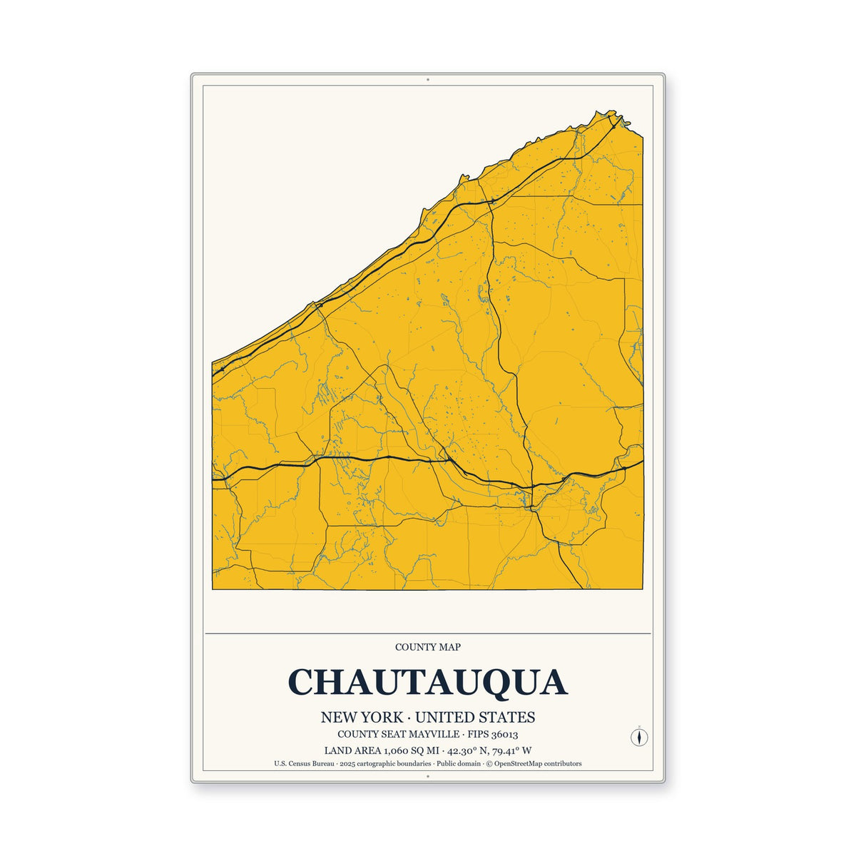 Chautauqua County, New York Map Aluminum Sign in Citrine Modern style