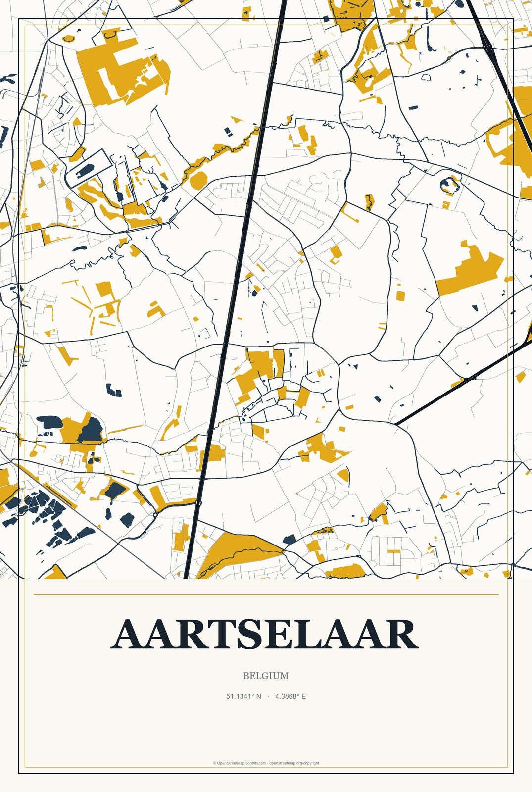 Aartselaar, Belgium City Map Aluminum Sign in Citrine Modern style