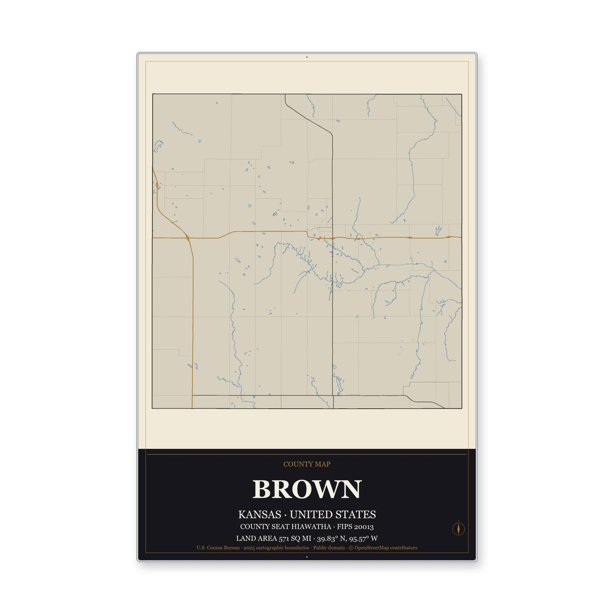 Brown County, Kansas Map Aluminum Sign in Museum Plaque style
