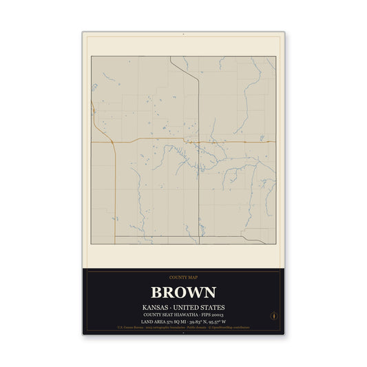 Brown County, Kansas Map Aluminum Sign in Museum Plaque style