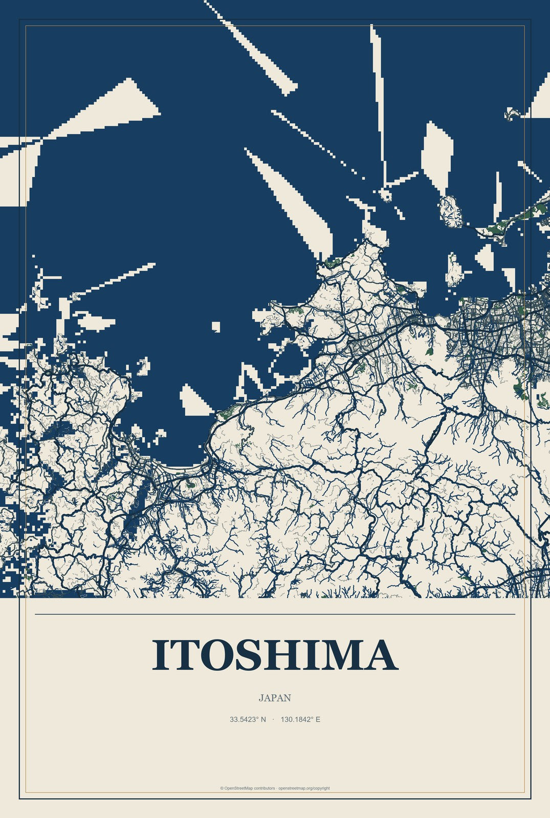 Itoshima, Japan City Map Aluminum Sign in Coastal Cutout style