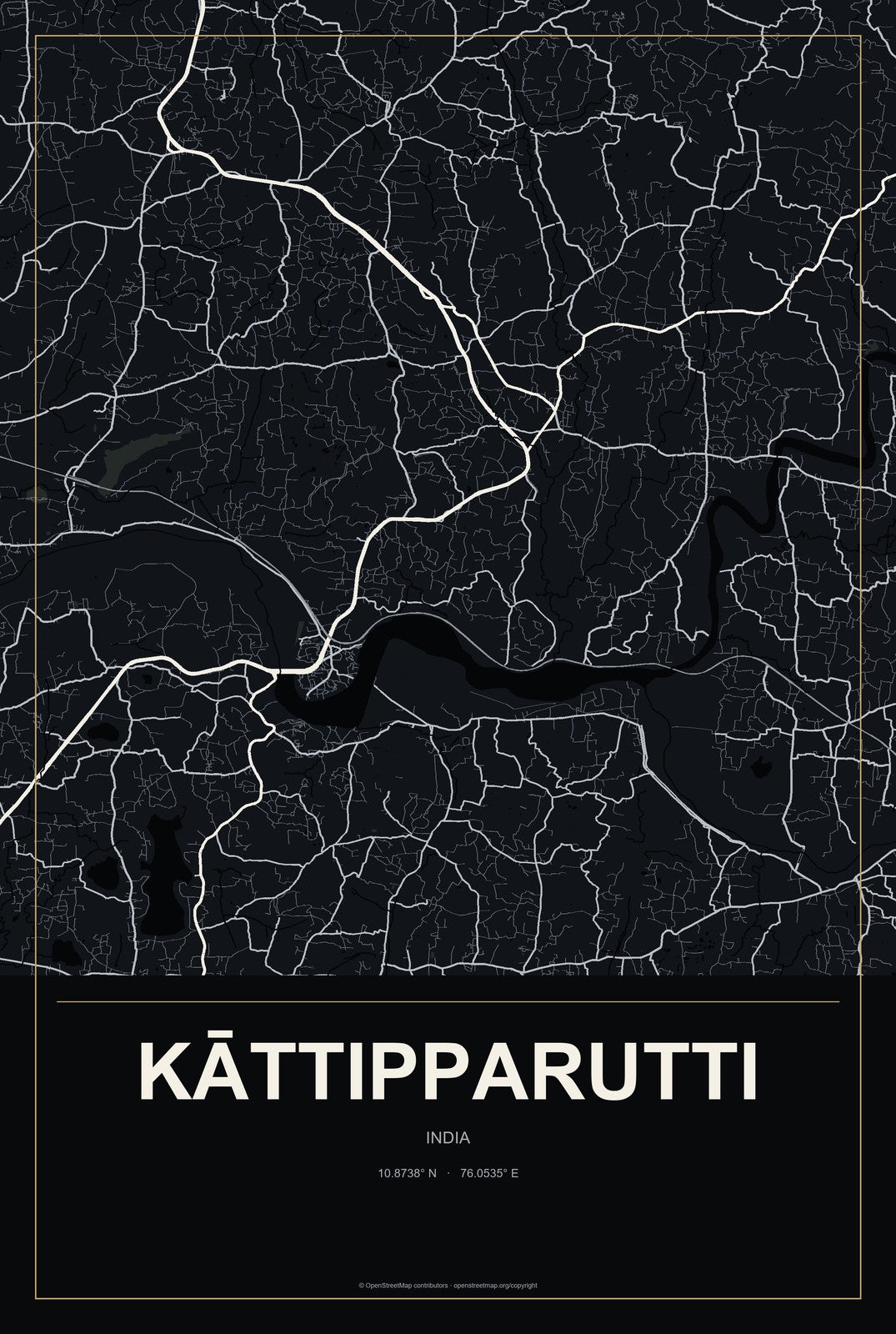 Kāttipparutti, India City Map Aluminum Sign in Metropolitan Noir style