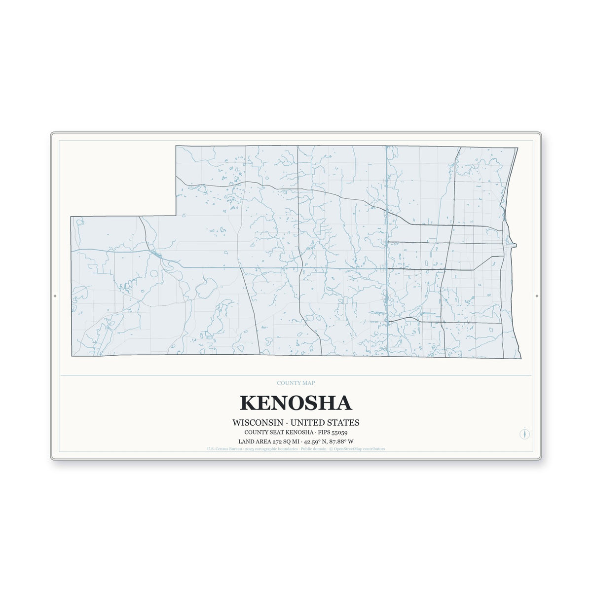 Kenosha County, Wisconsin Map Aluminum Sign in Gallery Air style