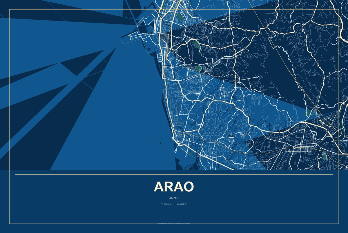 Arao, Japan City Map Aluminum Sign in Harbor Cobalt style