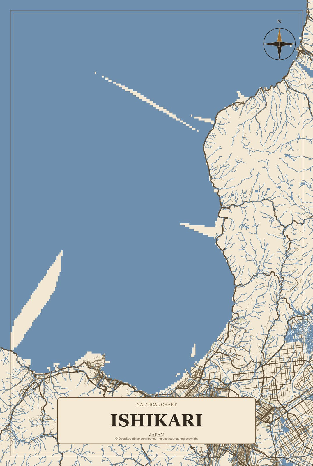 Ishikari, Japan City Map Aluminum Sign in Heritage Nautical style
