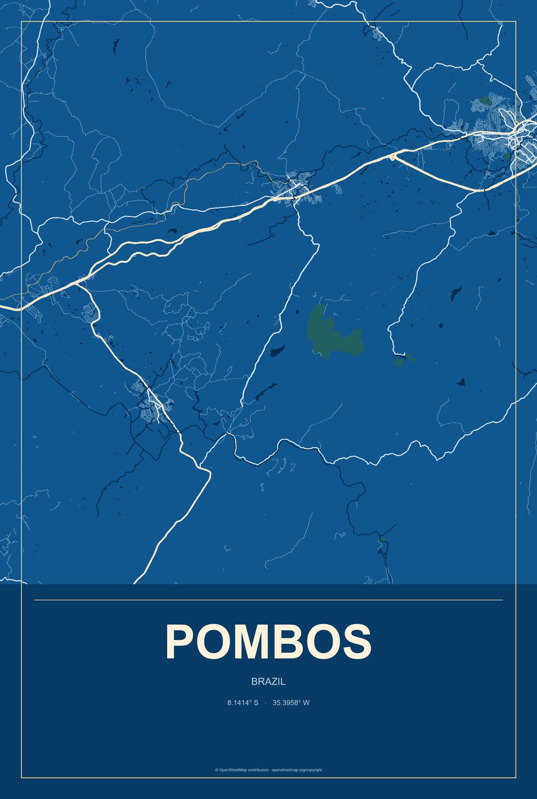 Pombos, Brazil City Map Aluminum Sign in Harbor Cobalt style