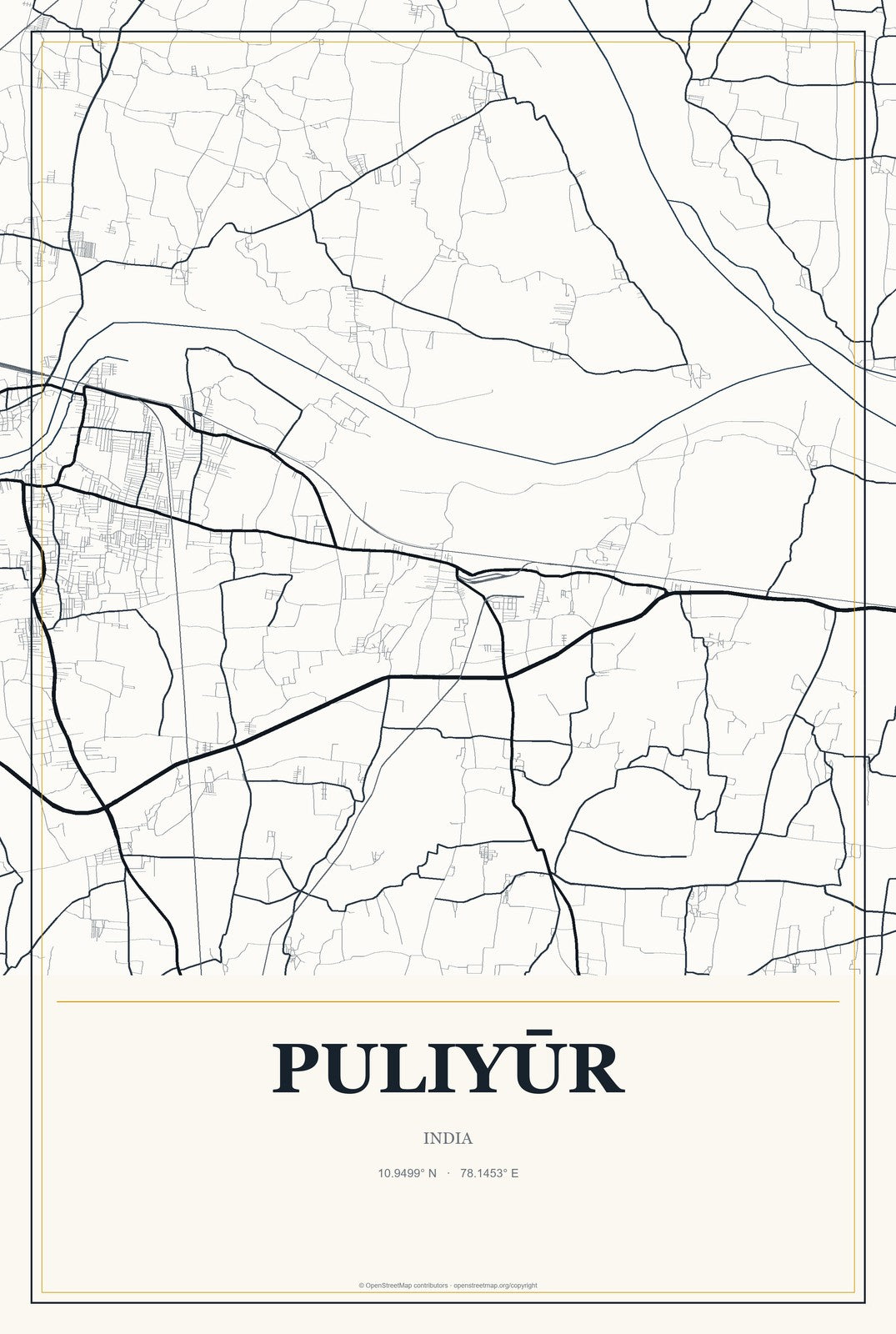 Puliyūr, India City Map Aluminum Sign in Citrine Modern style