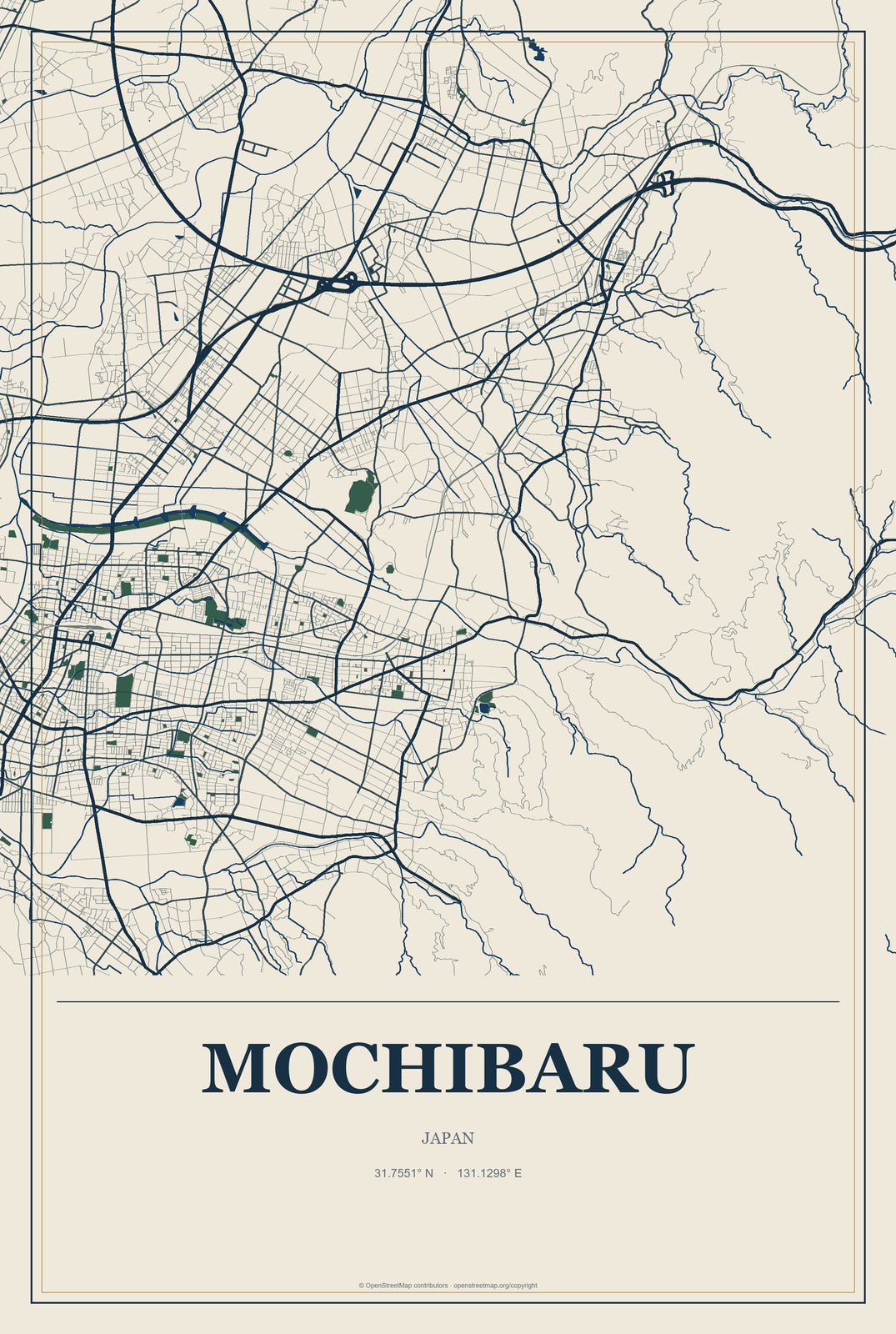 Mochibaru, Japan City Map Aluminum Sign in Coastal Cutout style